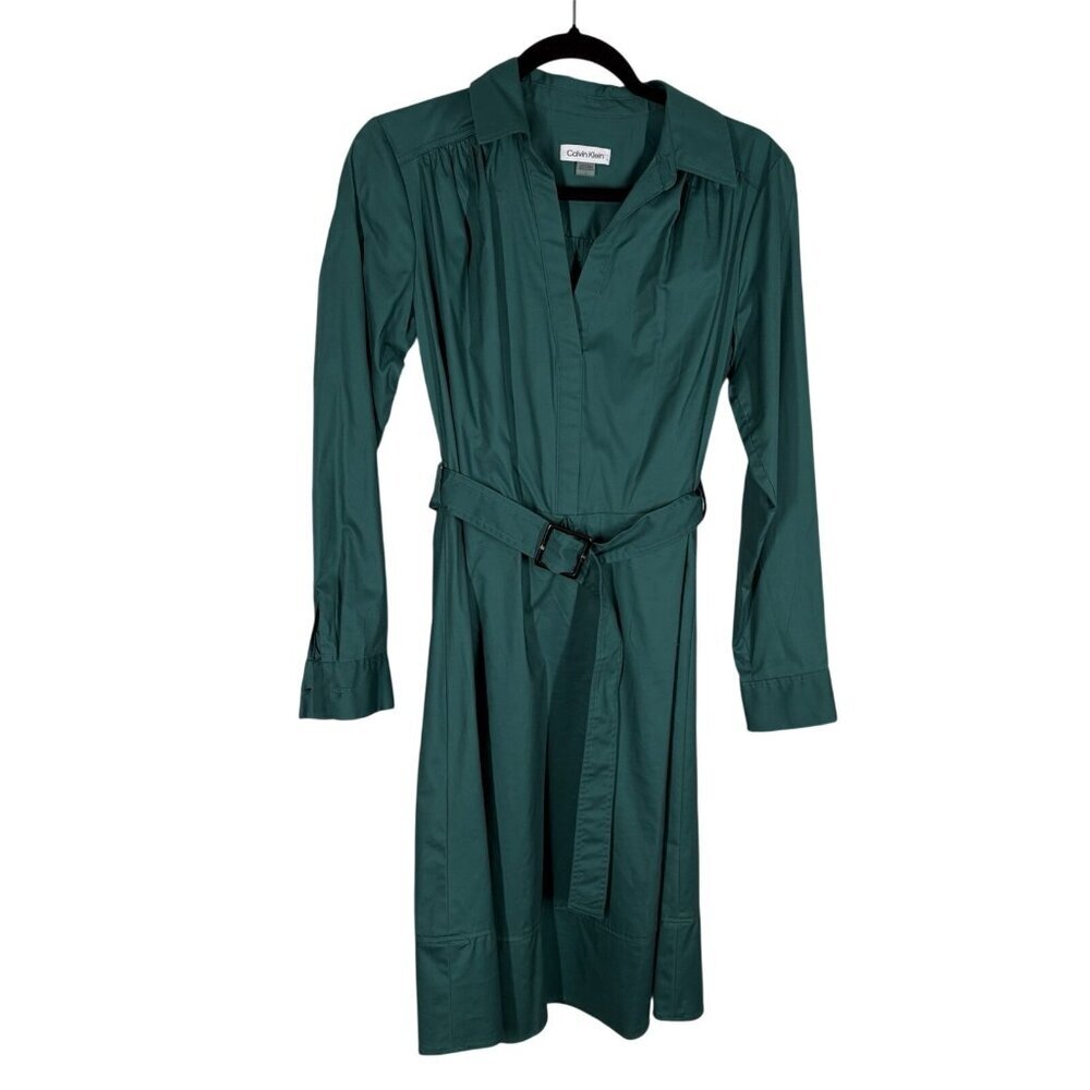 Calvin Klein Women SZ 6 Green Long Sleeve Belted Midi Collared Shirt Dress NWT